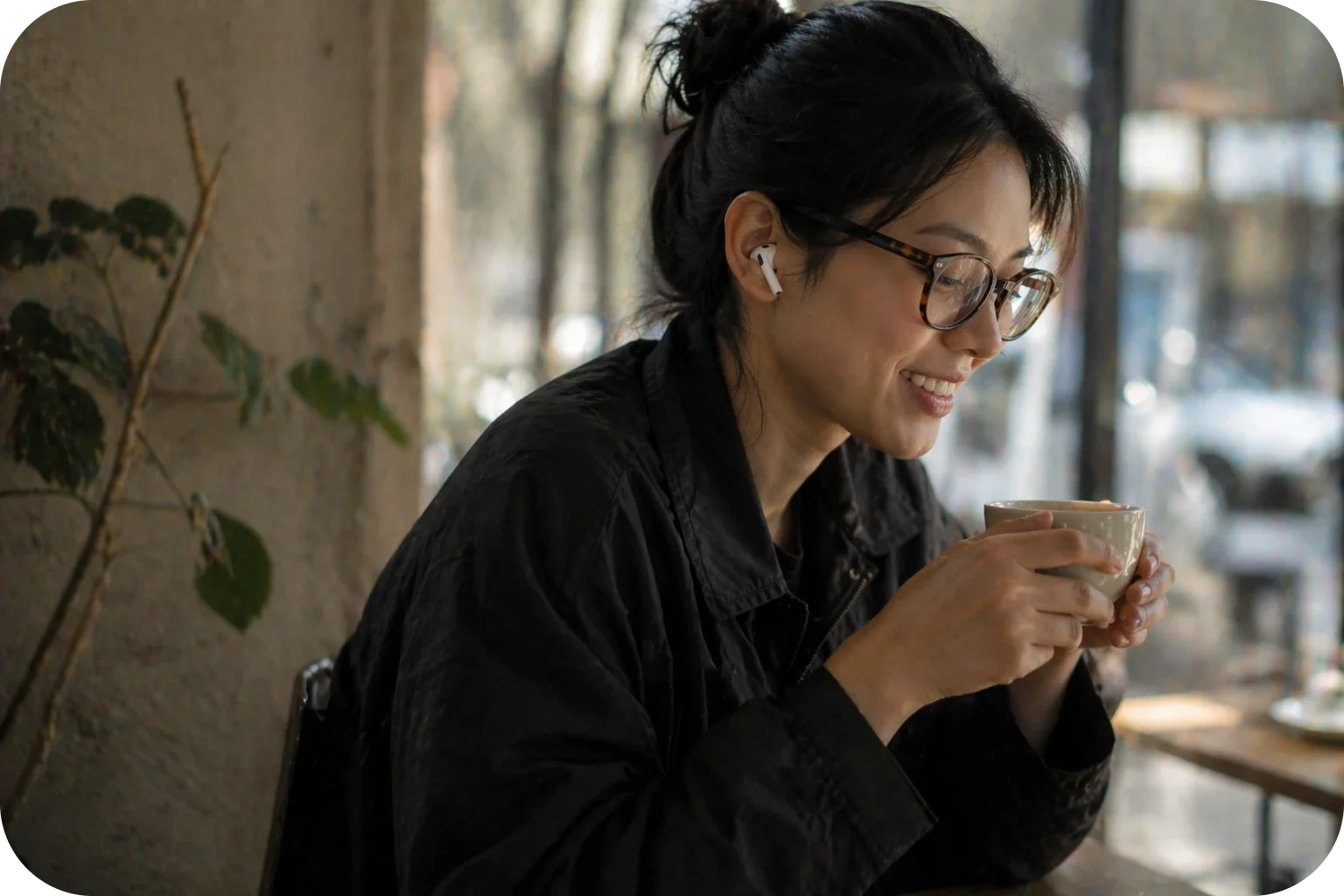 A person wearing earbuds holds a cup beside a café window