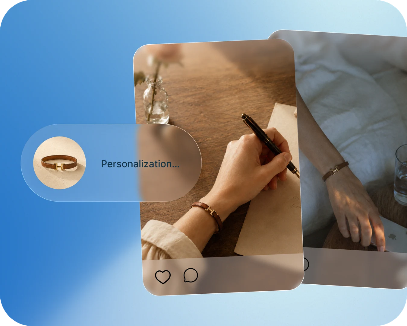 A bracelet shown in two everyday moments, with the original glass card and social icons.