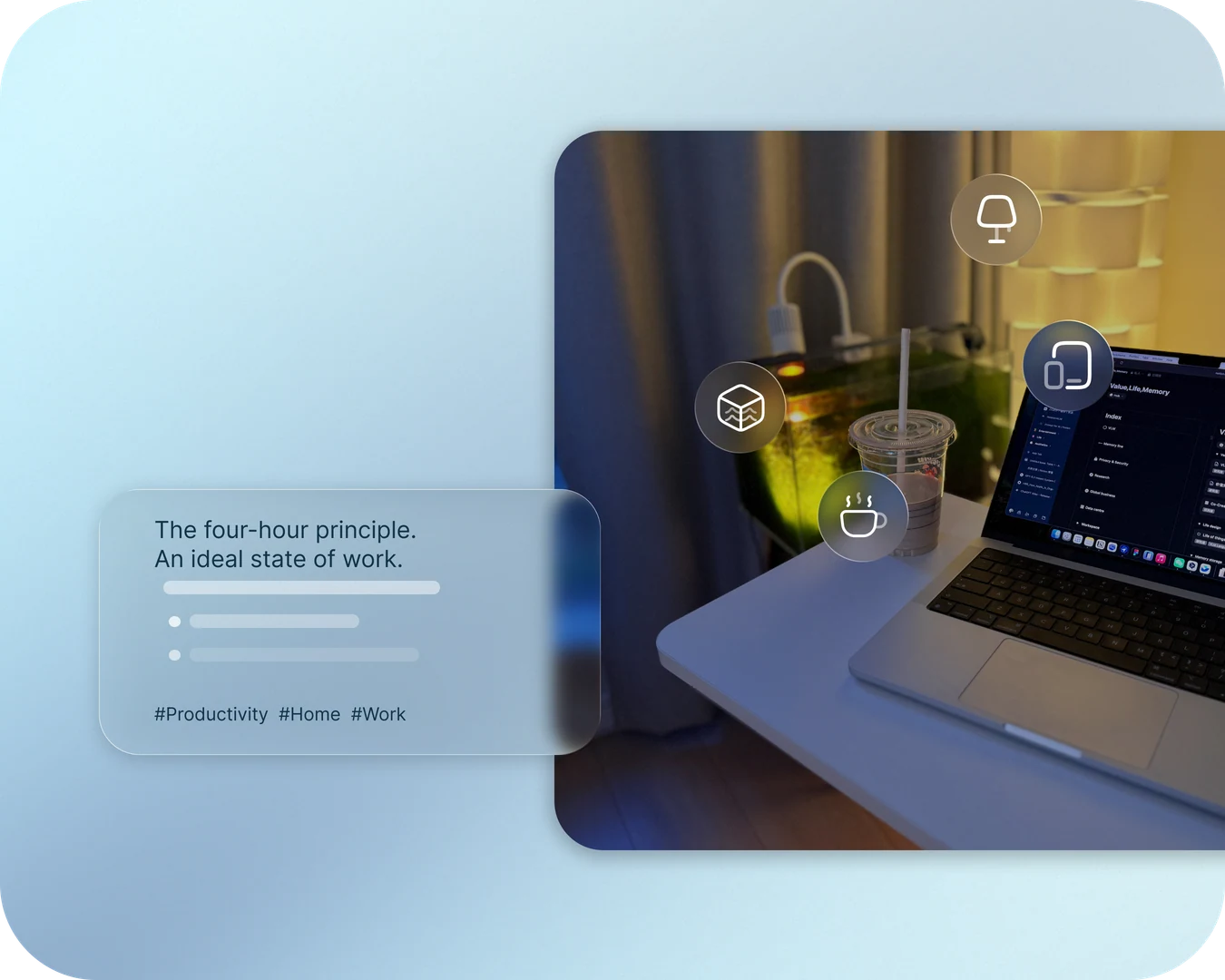 A workspace with a lamp, laptop, drink and aquarium, connected by the original product icons.