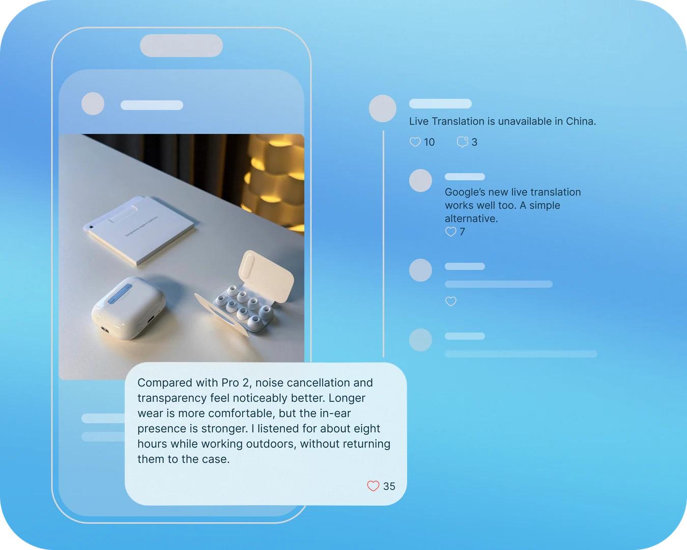 An AirPods photograph in a phone frame, alongside a conversation and a first-person account of use.
